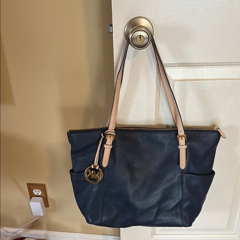 Michael Kors Blue and Tan Tote Bag with Leather Straps